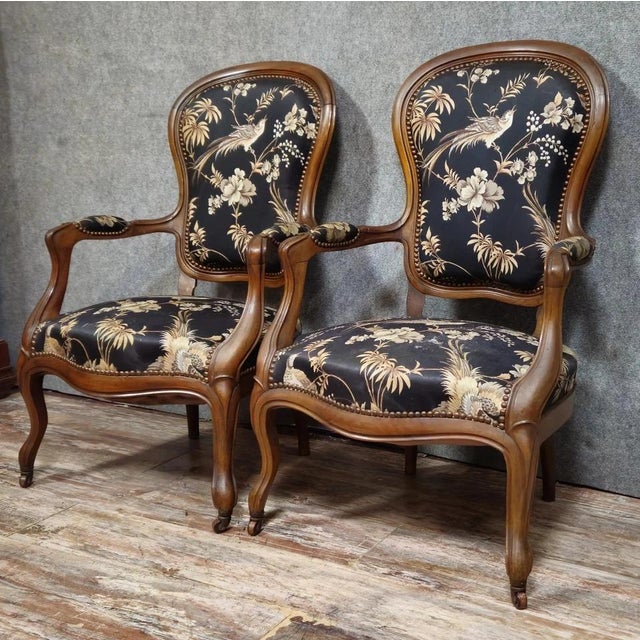 Napoleon III Mahogany Armchairs with Silk-Like Upholstery For Sale - Image 3 of 8
