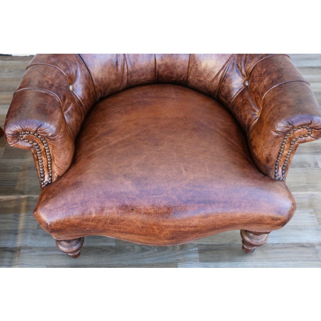 Brown Pair of Vintage 1980s Distressed Brown Leather Tufted Library Armchairs For Sale - Image 8 of 18