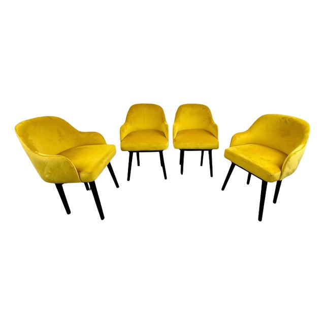 Mid Century Modern Style Yellow Velvet & Ebony Dining or Side Chair, Set of 4 For Sale
