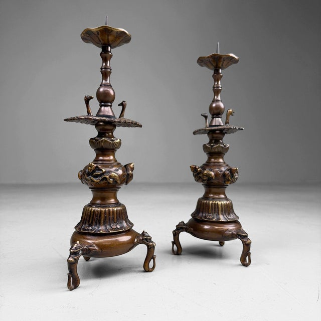 Brown Japanese Altar Candlesticks with Cranes, 1960s, Set of 2 For Sale - Image 8 of 12