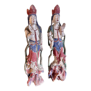 Antique Carved and Painted Wood Guanyin Figures