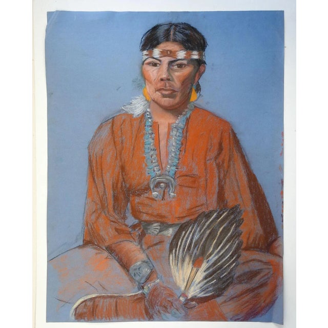 Rustic Vintage Pastel Portrait of Native American Man For Sale - Image 3 of 4