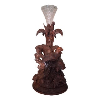 Antique Black Forest Vase Holder with Two Birds and Crystal Vase, 1915 For Sale