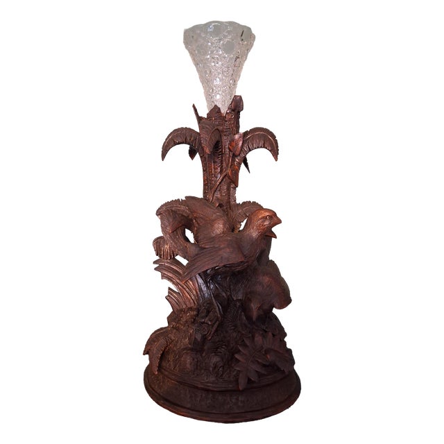 Antique Black Forest Vase Holder with Two Birds and Crystal Vase, 1915 For Sale