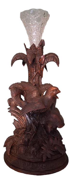 Antique Black Forest Vase Holder with Two Birds and Crystal Vase, 1915