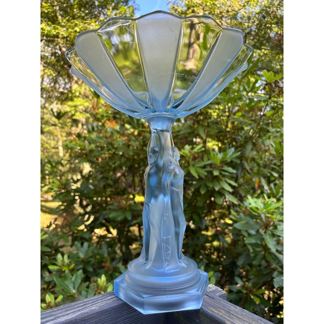 Art Deco Large Vintage Three Graces Art Deco German Walther & Sohne Blue Frosted Glass Comport For Sale - Image 3 of 12