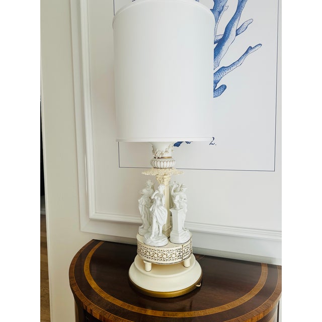 Ceramic Antique Neoclassical Bisque Figural Table Lamp Classical Maiden Column Form With Pierced Illuminated Base For Sale - Image 7 of 10