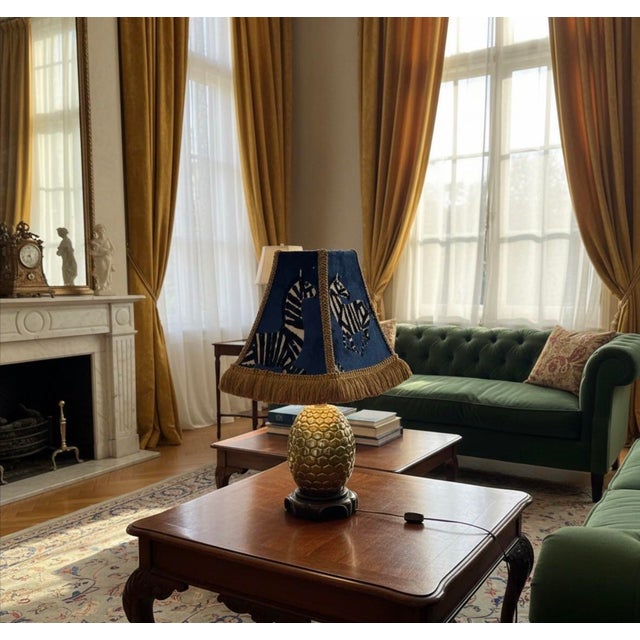 Custom Sapphire Velvet Zebra Lampshade With Belagio Fringe & Silk Lining For Sale - Image 4 of 5