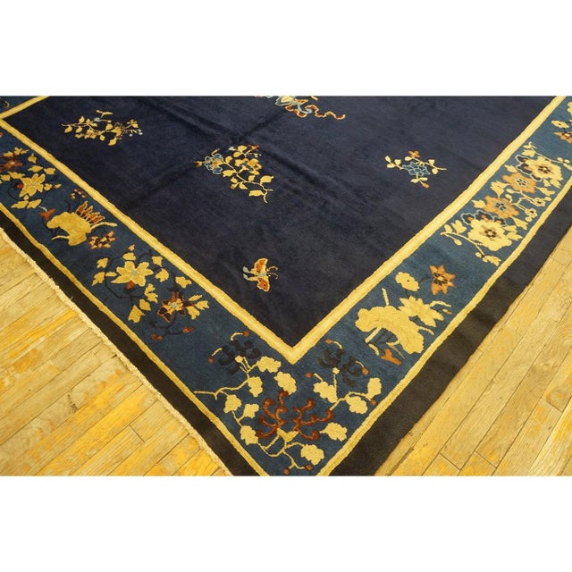 1920s Floral Chinese Square Peking Antique Navy Blue Allover Knotted Wool Rug For Sale In New York - Image 6 of 10