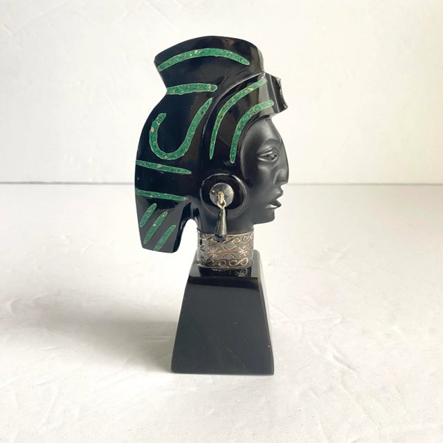 Taxco Mexico Onyx Warrior Statue Vintage Figurine Inlaid Mosaic Malachite Sterling Silver Accents 5.5” Tall For Sale - Image 10 of 10