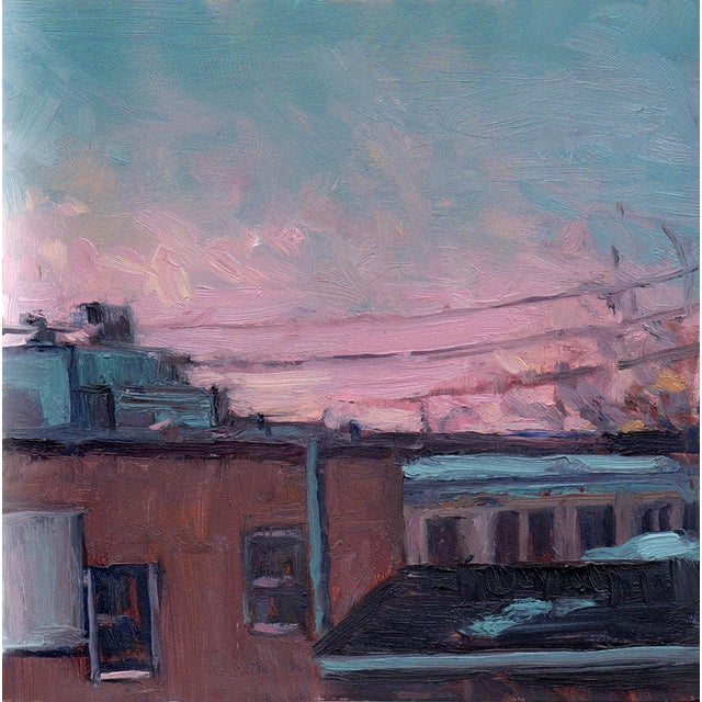 This oil on panel painting captures a serene urban landscape, focusing on rooftops at dusk. The soft, blended hues of pink...