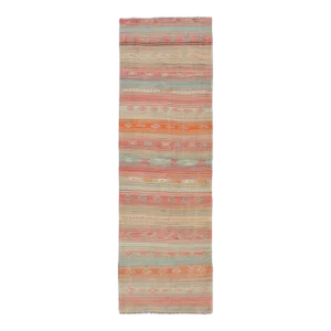 Mid 20th Century Vintage Turkish Kilim With Horizontal Stripes and Tribal Motifs in Bright Tones
