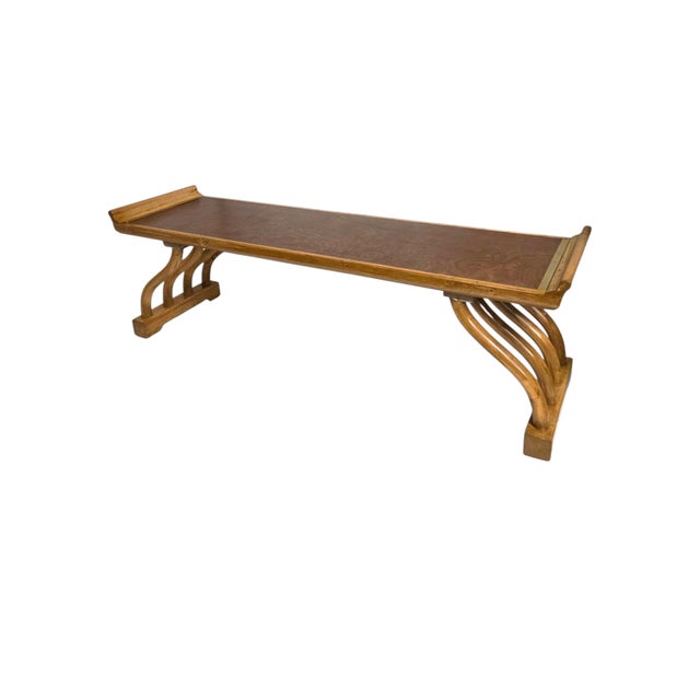 Mid-Century Modern 1960s Figured Wood Grain and Brass-Trimmed, Curved Leg Bench, Seat, Low Dining Zataku Table/Kotatsu, For Sale - Image 3 of 17
