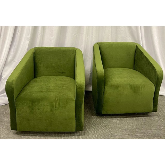 Pair Green Velvet Swivel Chairs For Sale - Image 9 of 9
