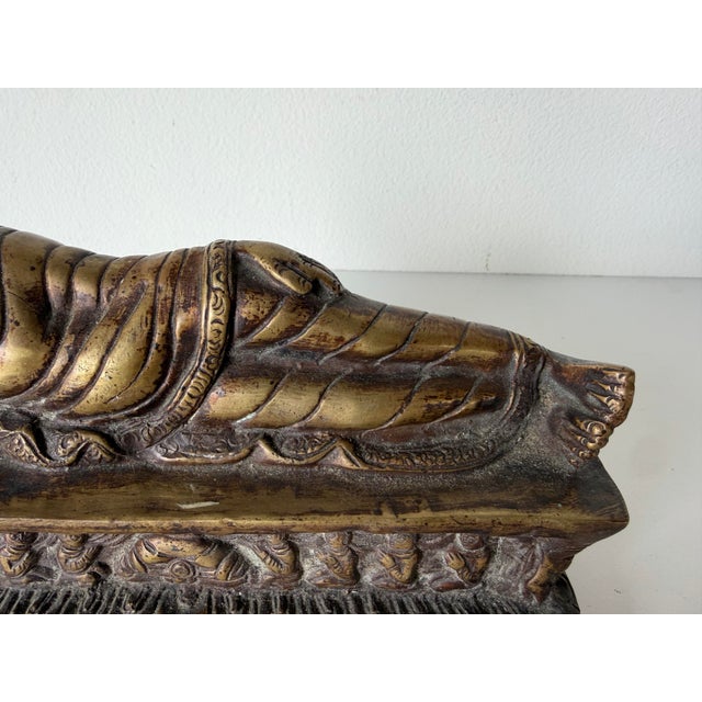 Vintage Asian Reclining Buddha Bronze Sculpture With Ornate Relief Base For Sale - Image 4 of 12
