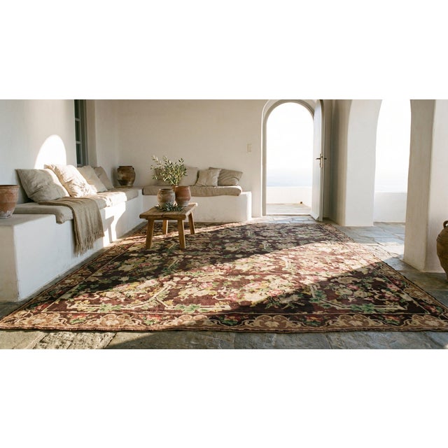 Astonishing Brown Ground in Cute Folk Art Style Antique European Needlepoint Rug For Sale - Image 9 of 9