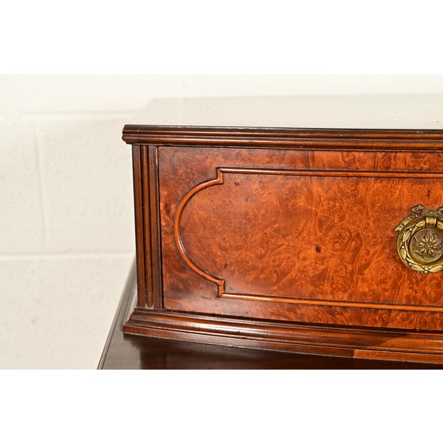 Antique French Regency Louis XVI Burled Walnut Highboy Dresser by Simmons Furniture, Circa 1930s For Sale - Image 9 of 14