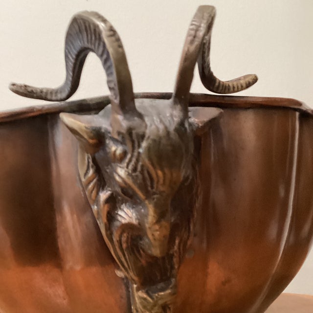 Figurative Vintage Scalloped Brass Jardinière Centerpiece Figural Ram Goat Head Handles For Sale - Image 3 of 12