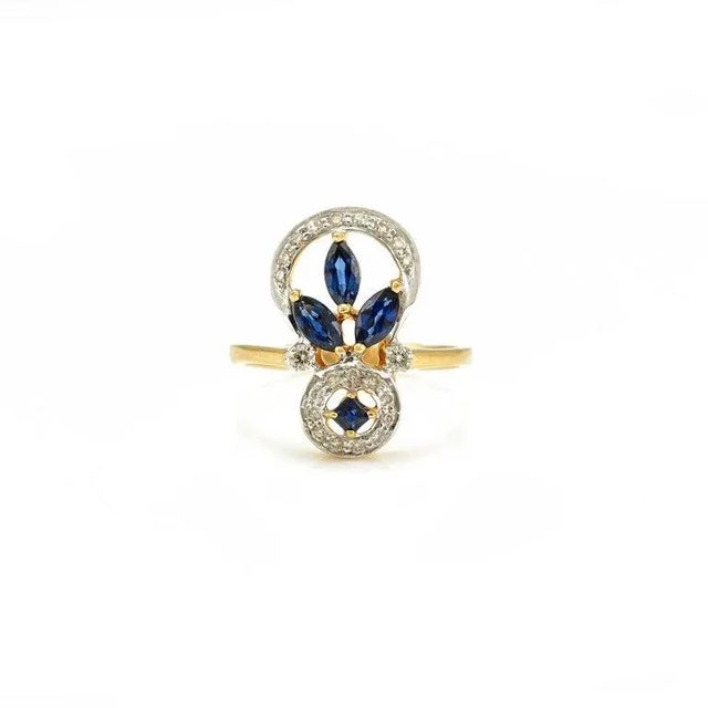 18k Solid Yellow Gold Contemporary Diamond and Blue Sapphire Statement Ring Size 7 For Sale - Image 4 of 8