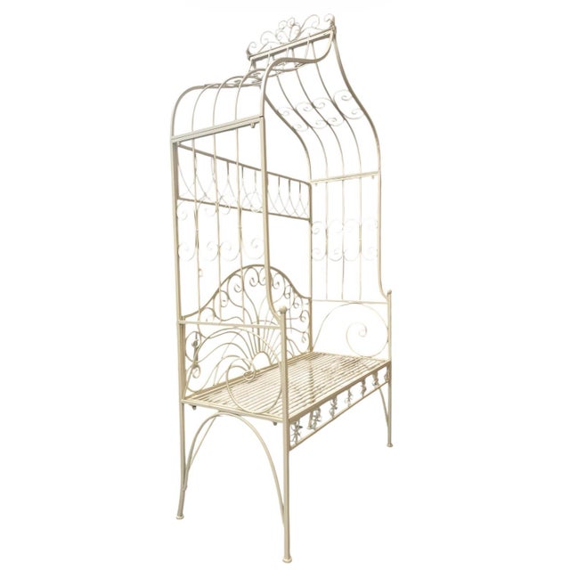 French Country Vintage-Style French Country White Wrought Iron Garden Canopy Bench For Sale - Image 3 of 7