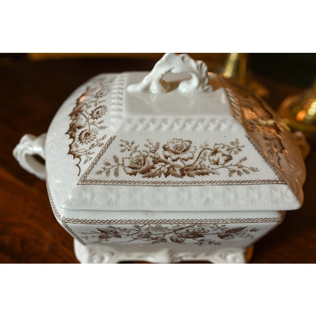 Victorian Antique 1889 Johnson Brothers England Sylvan Brown Transferware Sardine Box W Drainer | 3-Piece Lidded Butter Tub Tureen For Sale - Image 3 of 10
