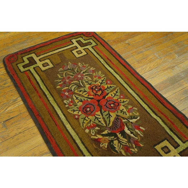 American Significant Brown Chocolate Color With Special Floral Design Antique American Hooked Rug For Sale - Image 3 of 12
