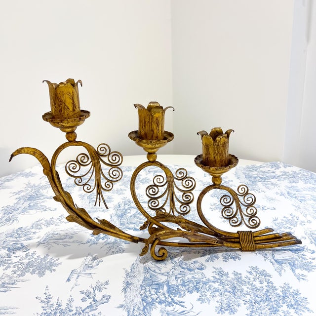 1970s Golden Italian European Gothic Wrought Iron 3-Candle Candelabra For Sale - Image 4 of 7