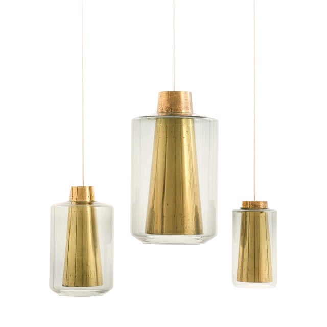Brass and Glass Ceiling Lamps, 1950s, Set of 3 For Sale