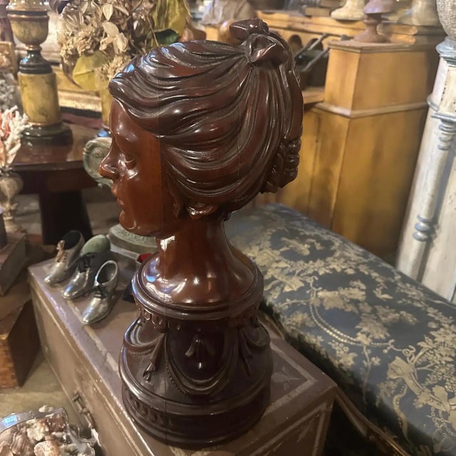 1900 - 1909 1900s A Sicilian Art Nouveau Wood Sculpture of a Bust of a Young Woman For Sale - Image 5 of 17