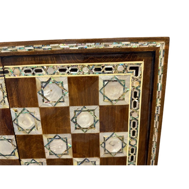 Brown Handmade Mother of Pearl Backgammon & Chess Board 21” Wooden Game Set For Sale - Image 8 of 11
