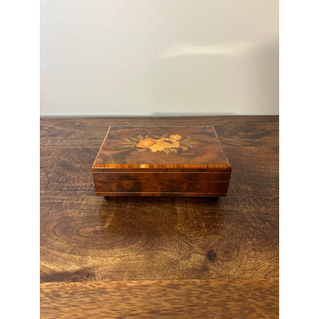 Italian Vintage Italian Burl Wood Music Jewelry Box - Marquetry Floral Lid For Sale - Image 3 of 8