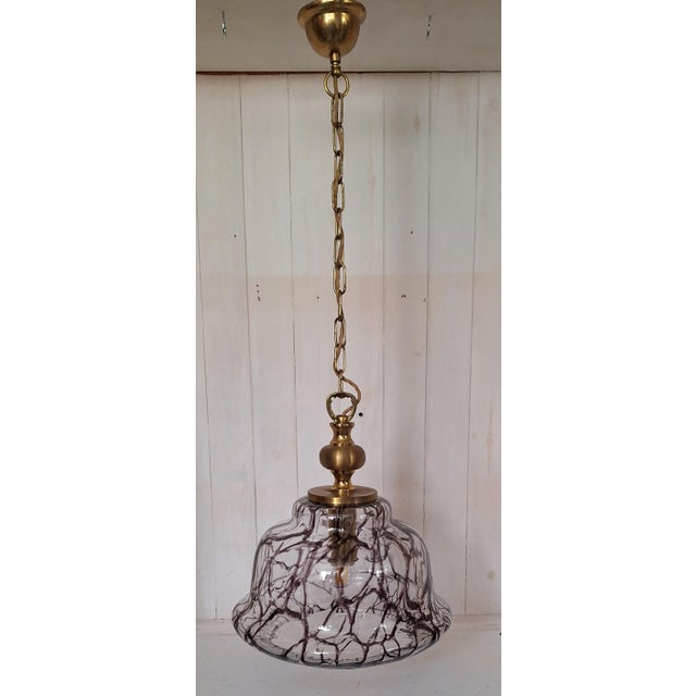 Vintage Ceiling Lamp with Purple-Brown Marbled Clear Glass Shade with on Brass Mount, in Very Good conditions. Designed...