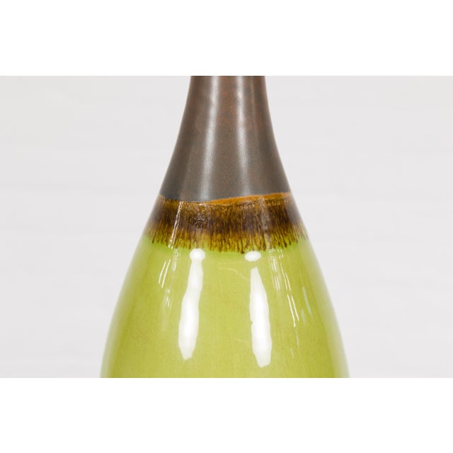 Ceramic Early 21st Century Artisan Handmade Lime Green Glazed Ceramic Vase with Brown Neck For Sale - Image 7 of 12