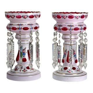 Pair Antique Bohemian Cutback Cranberry to Clear Lusters With Crystals C1890 For Sale