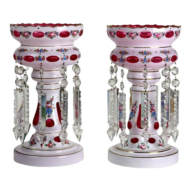 Pair Antique Bohemian Cutback Cranberry to Clear Lusters With Crystals C1890 For Sale