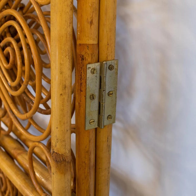 French Three-Panel Bamboo Wicker Rattan Folding Screen Room Divider, 1960s For Sale - Image 9 of 12