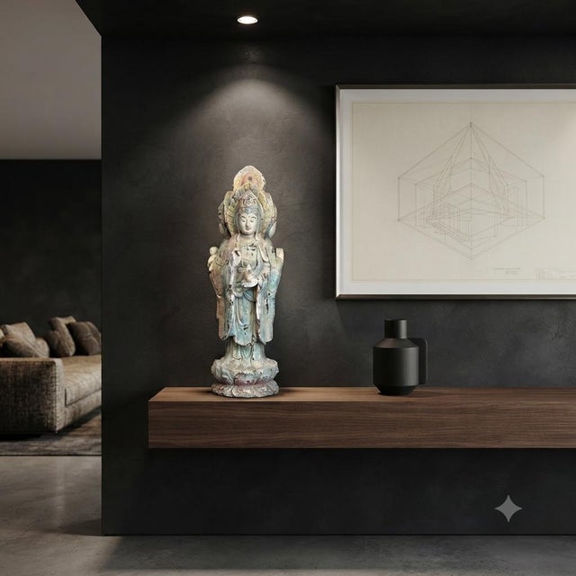 Chinese Rustic Finish Wood Grayish Kwan Yin 3 Sides Statue For Sale In San Francisco - Image 6 of 14
