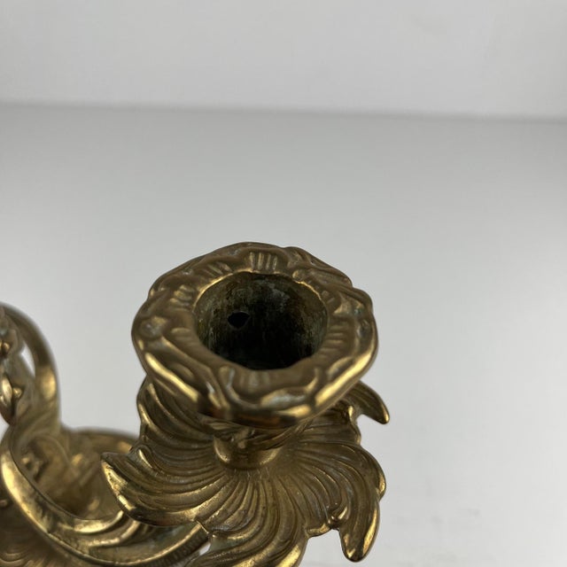 Gilt Brass Candlesticks with Two Arms, 1920s, Set of 2 For Sale - Image 9 of 11