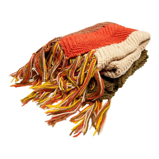 Retro 1970s Handmade Textured & Chevron Striped Crochet Blanket For Sale