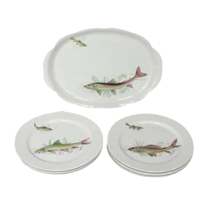 Porcelain Fish Dishes and Tray Set, 1960s, Set of 7