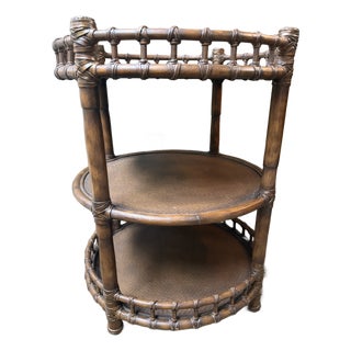 Vintage Rattan Three Tiered Round Side Table or Bar Cart in the Style of McGuire, 1980’s For Sale