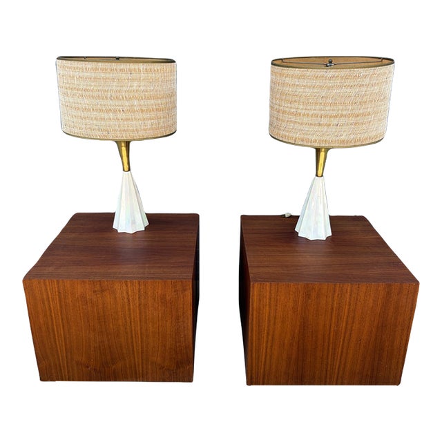 Pair of Sculptural Mid-Century Modern Table Lamps With Pleated White Bases and Brass Accents For Sale