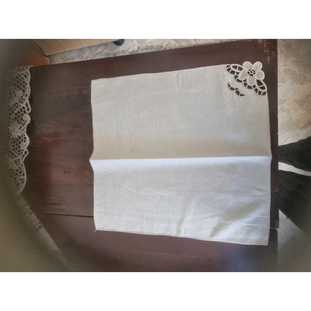 1950s Linen Tablecloth with Fine Macrame Lace and Hand Embroidery, 1950s, Set of 13 For Sale - Image 5 of 6