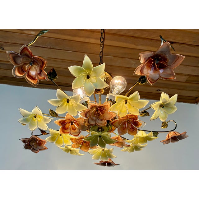 1980s Italian Floral Glass Flush Mount With 21 Yellow & Brown Murano Style Flowers For Sale - Image 9 of 18