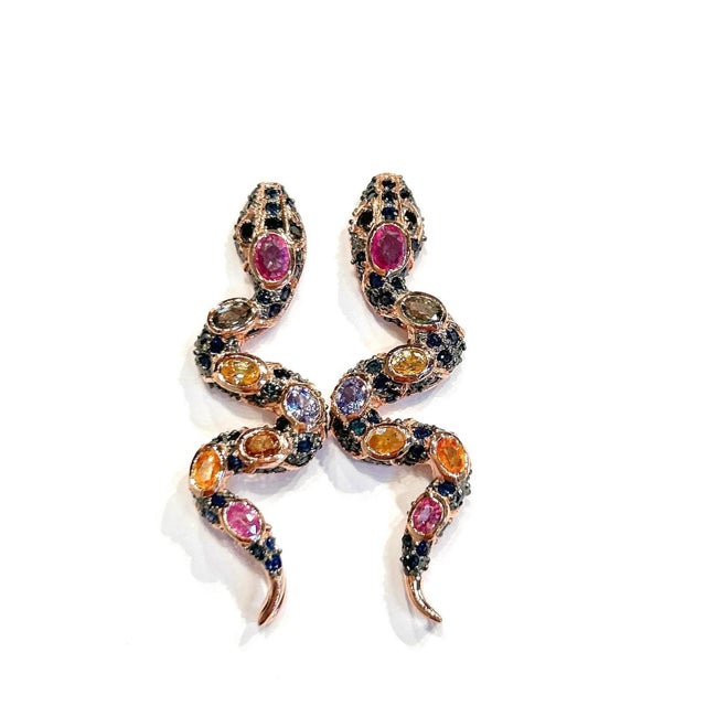 Metal Bochic “Orient” Vintage Ruby & Sapphire Serpent Earrings Set 18K Gold & Silver For Sale - Image 7 of 9