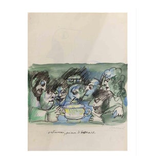 Mino Maccari, Lets Count Ourselves Before Dinner, 1960, Pencil & Watercolor For Sale