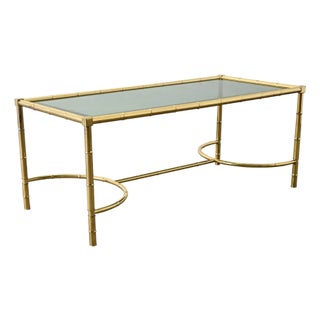 French Midcentury Brass & Glass Faux Bamboo Coffee Table For Sale
