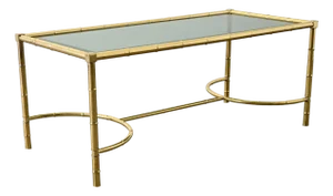 French Midcentury Brass & Glass Faux Bamboo Coffee Table