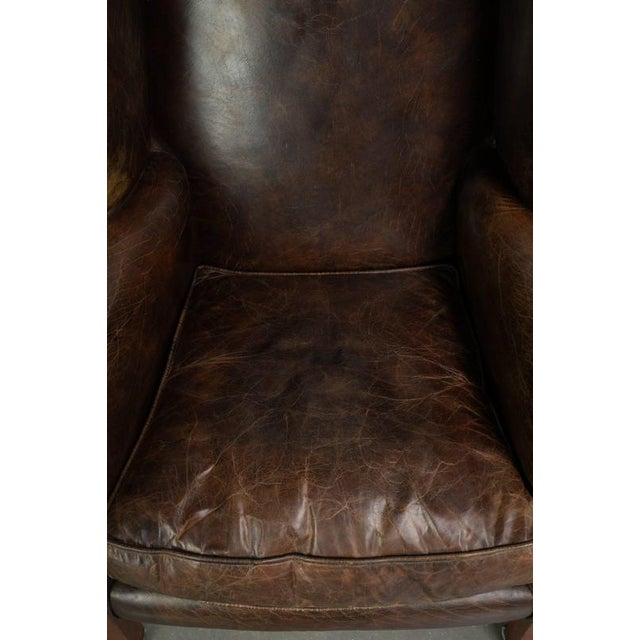 Large English Dark Cognac-colored Cowhide Leather Wing Armchairs, Set of 2 For Sale - Image 6 of 14