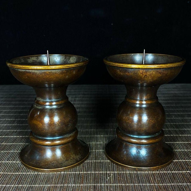 Metal Pair of Vintage Brass Candlesticks - Asian Altar Candle Holders For Sale - Image 7 of 9